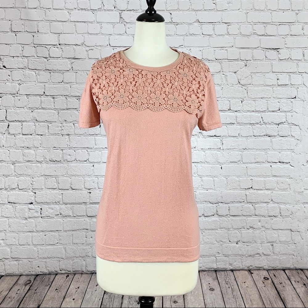 J CREW Lace Yoke Short Sleeve Sweater - Paris Pink